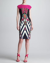 Thumbnail for your product : Etro Mixed-Print Cap-Sleeve Sheath Dress, Pink/Black