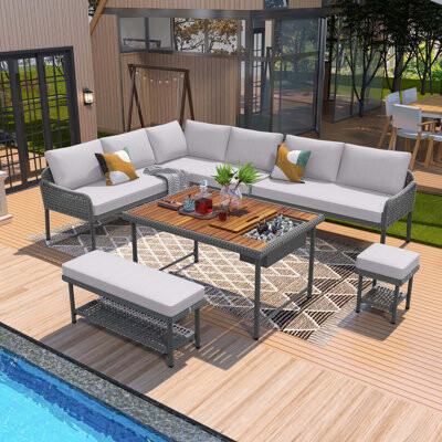 6-Piece Rope Patio Furniture L-Shaped Set, Outdoor Sectional Sofa Set with Acacia Wood Table with Ice Box, Rope Benches, Rope Conversation Set with De