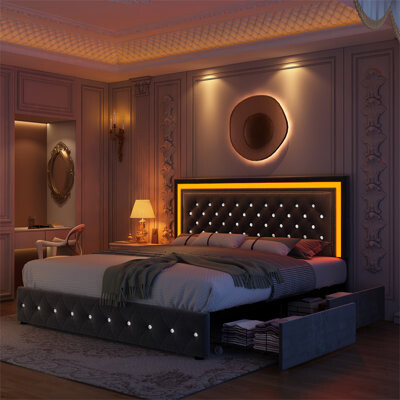 House of HamptonÂ® Jalna LED Lighted Upholstered Bed Frame with Bluetooth Sync Lights, Adjustable Headboard & 4 Storage Drawers, No Box Spring Needed, Easy Assembly,
