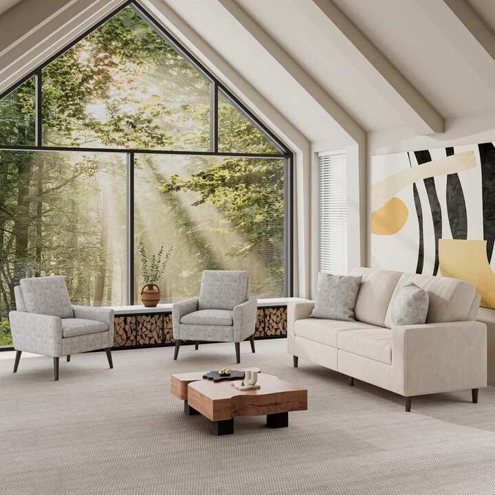 Handy Living Wilmington Mid-Century Modern 3-Piece Tan Corduroy and Stone Honeycomb Fabric Small Space Living Room Set