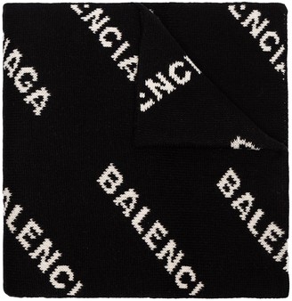 Balenciaga Black And White Logo Intarsia Wool Blend Scarf
