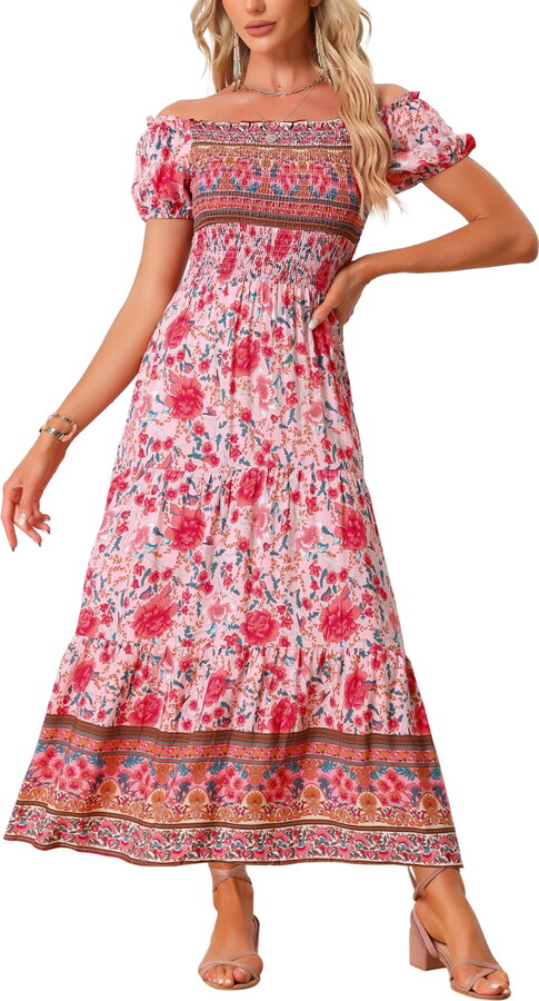 DARING DIVA Boho Floral Dress Midi Smocked Dress S Pink
