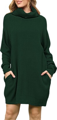 Cutiefox Women's Oversized Turtleneck Long Sleeve Big Knitted Pullover  Sweater Dress with Pockets Dark Green L - ShopStyle