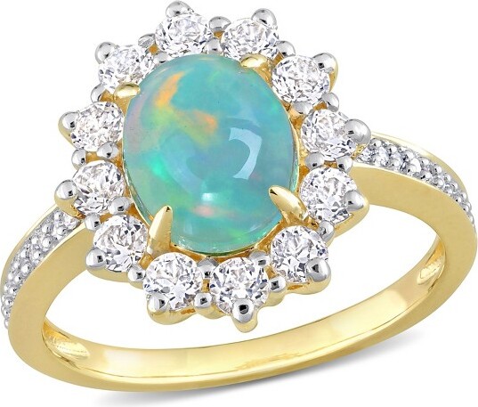 Everly Jewelry EVERLYJEWELRY|YellowSilver21/6ctTGWOvalShapeBlueEthiopianOpalandWhiteTopazand1/10ctTDWDiamondHaloRing.Blue.6