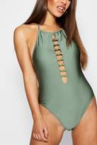Thumbnail for your product : boohoo Petite Plunge Front Trim Halter Neck Swimsuit