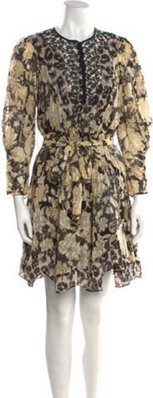Rebecca Taylor Silk A-Line Dress Black Floral Print Embroidered Accent Long Sleeve with Crew Neck Button Closure at Front Designer