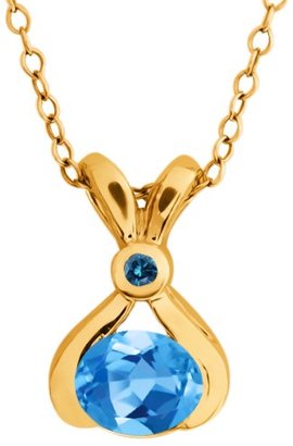 Gem Stone King 0.83 Ct Oval Swiss Blue Topaz and Blue Diamond 18k Yellow Gold Pendant