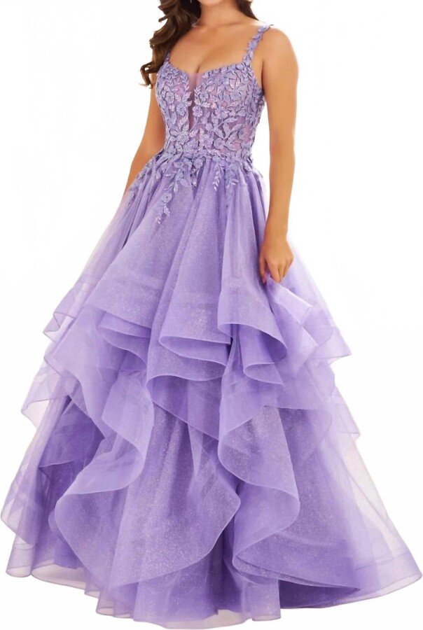 Ellie Wilde Glittered Lace Appliques Ball Gown In Lavender