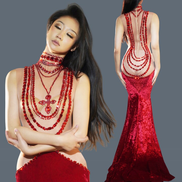 JENAORE Sparkly Rhinestone Red Velvet Ball Dress For Women Fishtail Gown Elegant Wedding Dress Party Dinners Sexy Evening Dress Xinyang
