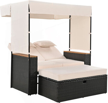 2-Piece Outdoor Rattan Daybed, Outdoor Bed With 5 Positions, Outdoor Loveseat Patio Sofa With Bench Lounge Roof Set And Cushions For Poolside, Backyar