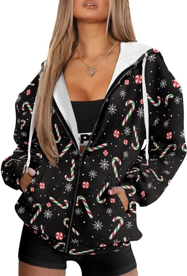 Dremagia Candy Cane Christmas Hoodies for Women Trendy Long Sleeve Casual Y2K Clothes Full Zip-up Cardigan Jacket with Pockets Oversized Drop Shoulder Drawstring Hoodie Loose Fit Sweatshirts