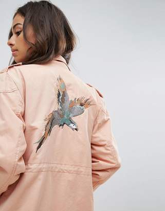 Noisy May Petite Lex Cargo Jacket With Bird Patches