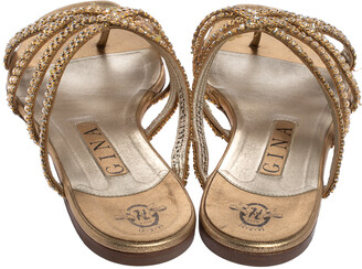 Gina Gold Leather Crystal Embellished Flat Slides Size 38.5