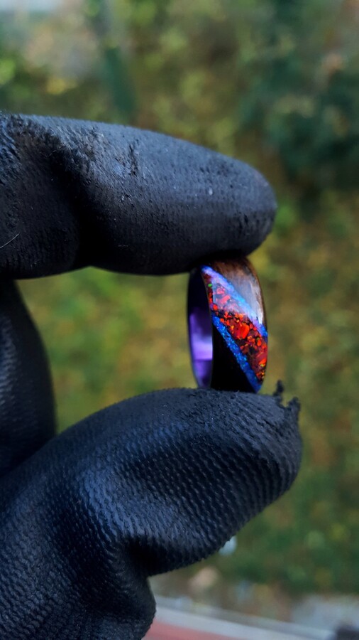 Fumed Eucalyptus With Crushed Ruby Opal & Black Tourmaline On Purple Epoxy Core Bentwood Ring, Wood Ring For Men, Women