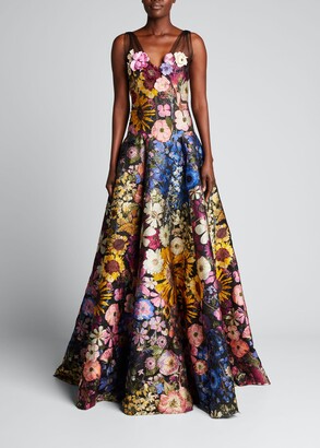 Floral-Embroidered Fil Coupe Gown