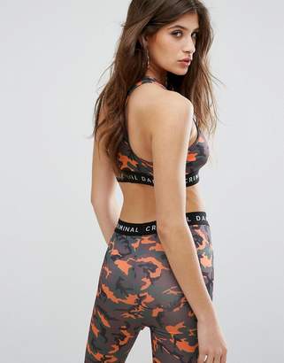 Criminal Damage Cropped Bralette Top With Tape Logo In Camo Print