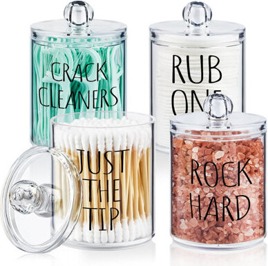 Latitude Run 4 Pack Cotton Swab Holder Dispenser With Lids And Labels, 10 Oz Acrylic Apothecary Jars Plastic Bathroom Vanity Canister Organizer For Cotton Balls, P