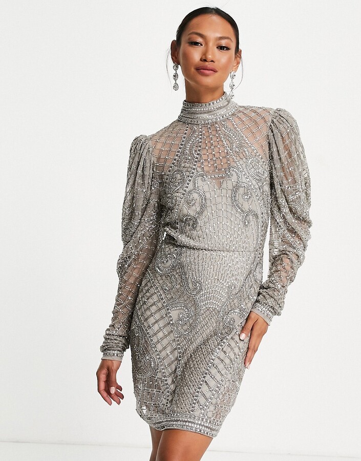 ASOS EDITION crystal beaded mini dress with blouson sleeve in pale gray -  ShopStyle