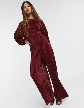 ASOS DESIGN frill open back long sleeve plisse tea jumpsuit in red -  ShopStyle