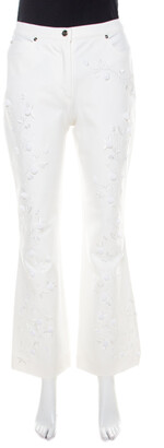 Escada White Cotton Twill Denim Sequined Rosette Applique Flared Jeans M