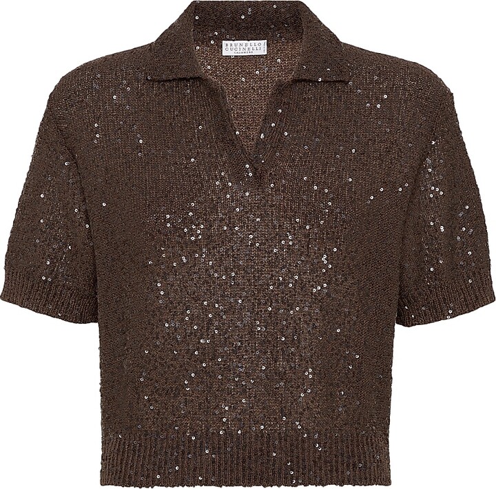 Brunello Cucinelli Women's Linen, Cashmere and Silk Dazzling Texture Knit Polo Shirt - Chocolate - Size XXXL