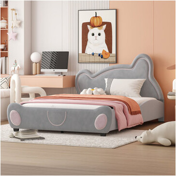 Everly Quinn Full Size Platform Bed With Bear-Shaped Headboard, With Bed-End Storage Pocket, Gray