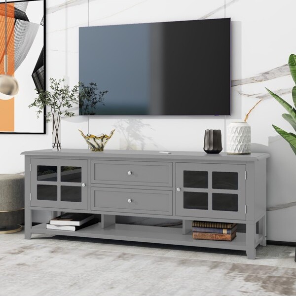 KTMBDWRetroTVStandfor60inchTVTVConsoleCabinetwithStorageOpenShelvesEntertainmentCenterforLivingRoomandBedroomGray
