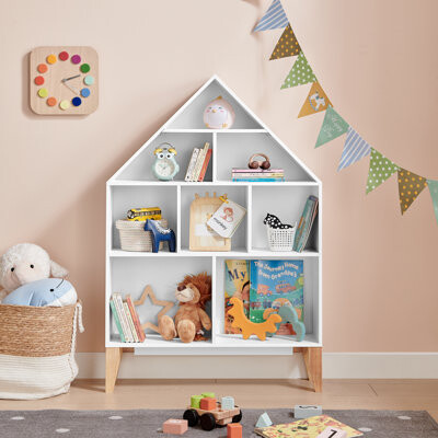 Harper Orchard Abinabi Dollhouse 8-Compartment Kids Book Toy Display Freestanding Bookshelf with Beech Legs