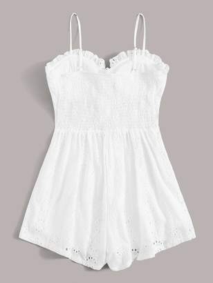 Shein Eyelet Embroidery Lace-up Shirred Cami Playsuit
