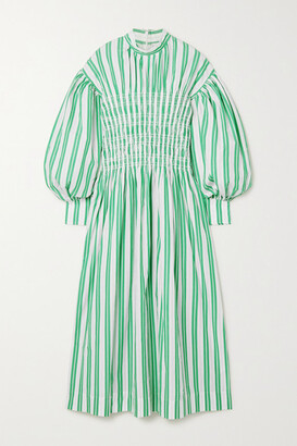 Ganni Shirred Striped Organic Cotton-poplin Midi Dress - Green