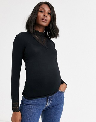 Mama Licious Mamalicious Maternity high neck top with lace insert in black