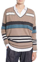 Thumbnail for your product : Brunello Cucinelli V-Neck 2-Ply Rugby-Stripe Cashmere Sweater w/ Paillettes