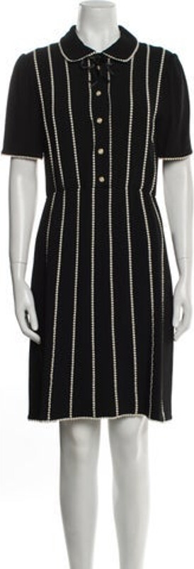 Gucci Wool Shirtdress From the 2020 Collection by Alessandro Michele Black Interlocking G Logo Embroidered & Bow Accents Short Sleeve with Collar Concealed Zip Closure at Back Designer