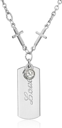 Symbols of Faith Silver-Tone Crystal Cross Chain with Gold-Tone "Love" Plaque Pendant Necklace