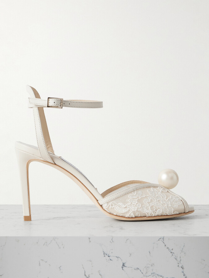 Jimmy Choo - Sacora 85 Embellished Leather-trimmed Lace Sandals - Ivory