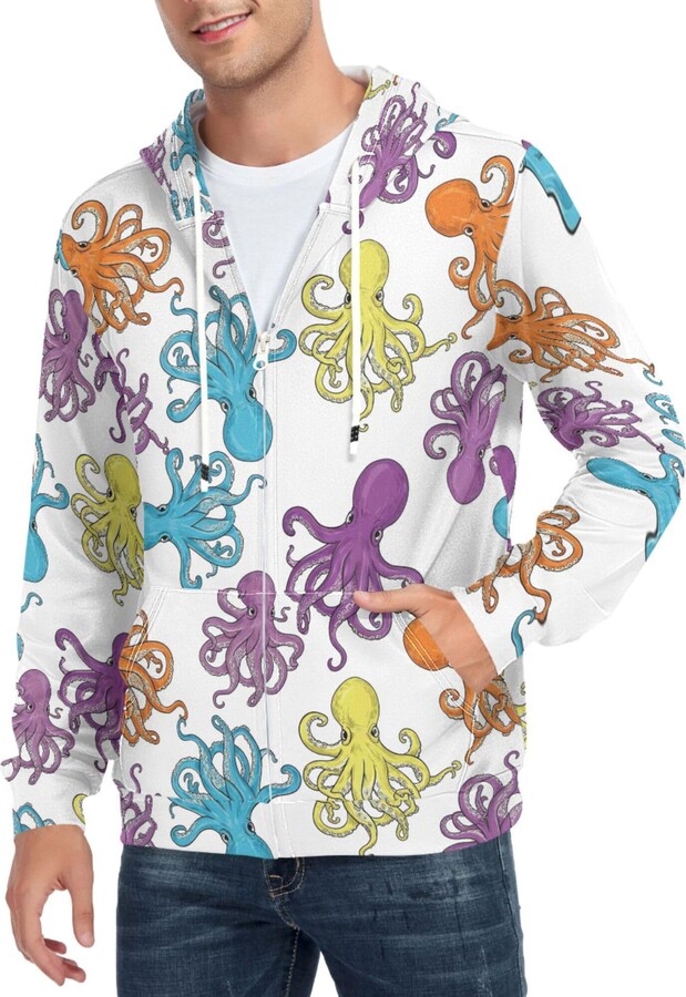 CUPADA Mens Full Zip Hoddie Colorful Octopus White Pattern Long Sleeve Casual Sweatshirt with Pocket Jacket Fall Winter Coat