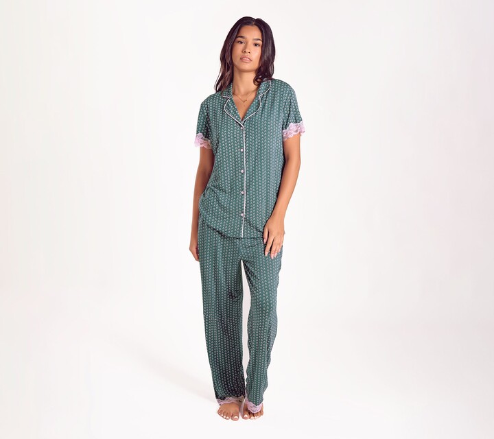 iCollection Bamboo Blend Knit PJ Set with Lace rim Detail