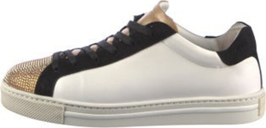 Rene Caovilla Leather Low Top Sneakers White Colorblock Pattern Crystal & Glitter Accents Round-Toes Lace-Up Closure at Uppers Unfortunately due to restrictions this item may not be eligible for shipping in all areas.