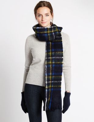 Marks and Spencer Oversized Checked Scarf & Gloves Set