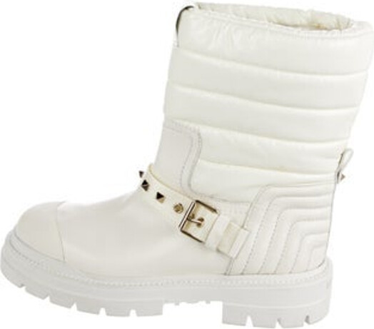 Valentino Leather Mid-Calf Combat Boots White Rockstud Accents Round-Toes with Studded Accents Buckle Closure At Uppers