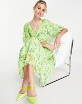Thumbnail for your product : ASOS DESIGN wrap around pleated midi dress in green based floral