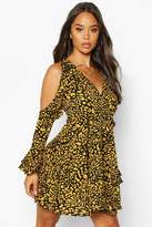 Thumbnail for your product : boohoo Woven Leopard Cold Shoulder Frill Skater Dress