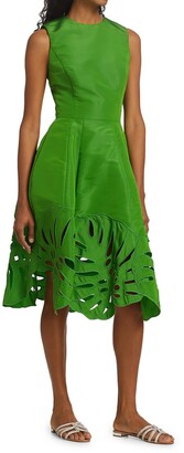 Oscar de la Renta Palm Leaf Embroidered Cocktail Dress