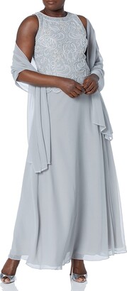 J Kara Women's Scallop Long Beaded Sleeveless Dress with Scarf