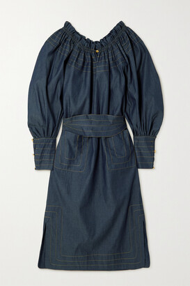 ANNA MASON Bardot Embroidered Cotton-chambray Midi Dress - Dark denim