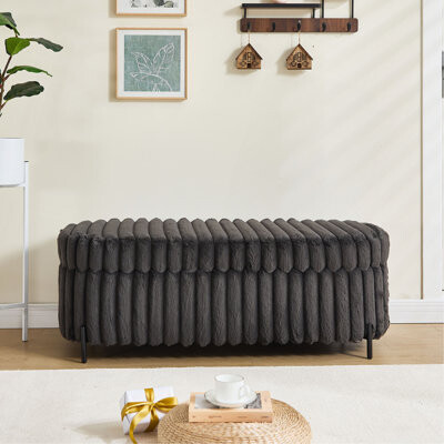 Ebern Designs Faux Fur Flip Top Storage Bench With Black Metal Legs Bed End Stool Foot Rest For Living Room Entryway Dorm Bedroom(ONLY OTTOMAN)