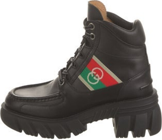 Gucci Leather Ankle Combat Boots Black Web Accent & Interlocking G Logo Round-Toes Platform Lace-Up Closure at Uppers