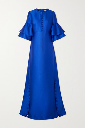 Reem Acra Button-embellished Ruffled Satin-piqué Gown - Royal blue