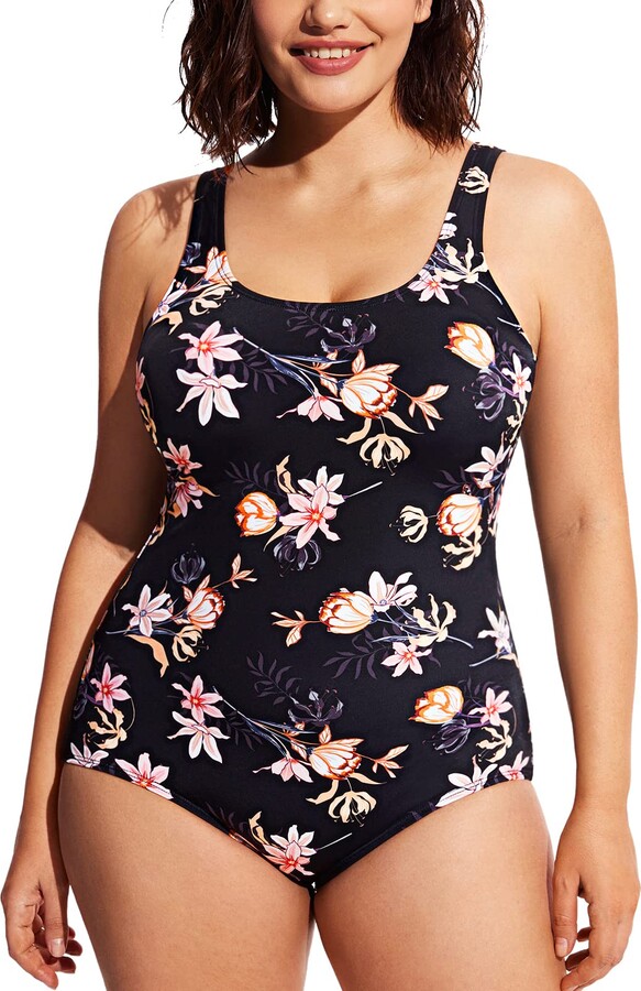 Delimira Women's One Piece Swimsuit Modest Plus Size Bathing Suit Flowers  in Full Bloom 28 - ShopStyle
