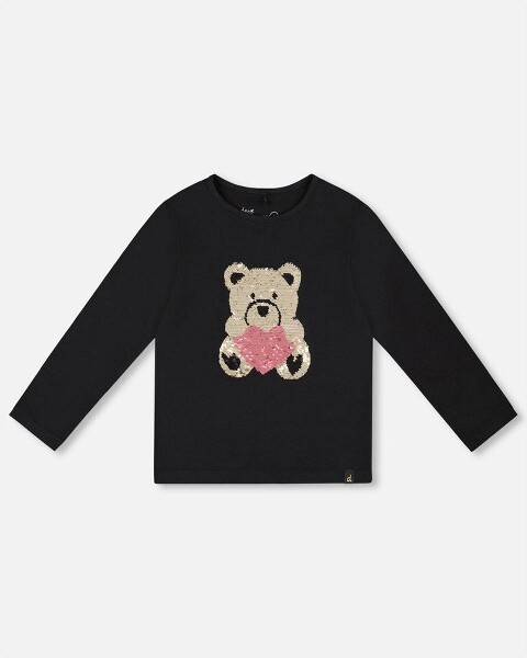 Deux Par Deux DeuxparDeuxGirlBlackOrganicCottonT-ShirtwithReversibleSequinTeddyBear-3Years